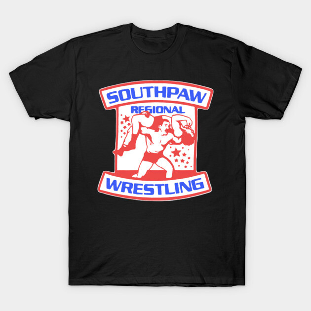 Black t-shirt with red and blue "Southpaw Regional Wrestling" graphic, ideal for casual wear.