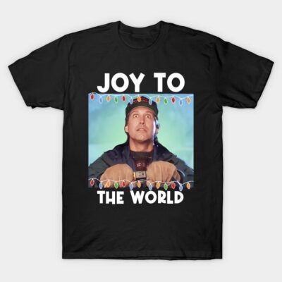 Black Christmas graphic t-shirt with "Joy to the World" text and festive holiday lights design.