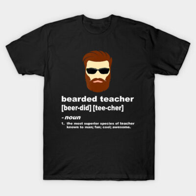 Black t-shirt with "bearded teacher" graphic, featuring sunglasses and humorous text. Ideal for casual wear.