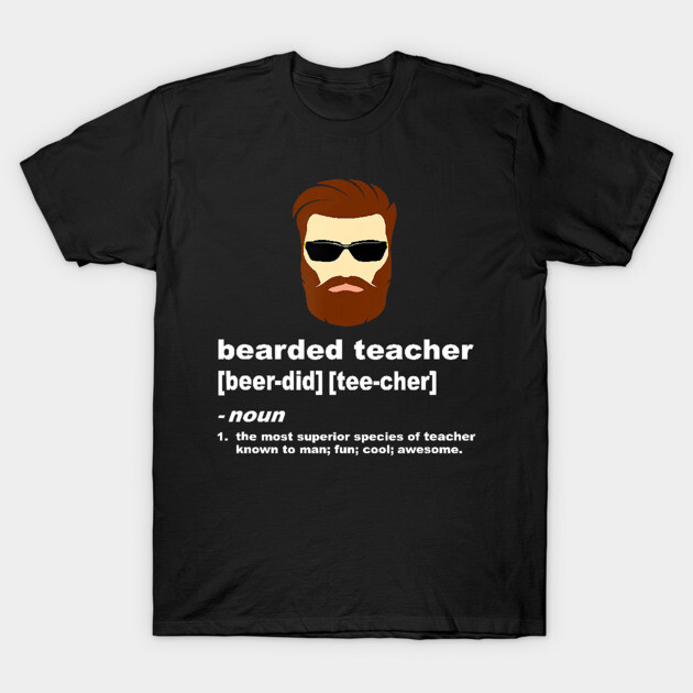 Black t-shirt with "bearded teacher" graphic, featuring sunglasses and humorous text. Ideal for casual wear.