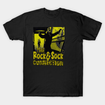 Black t-shirt with yellow "The Rock & Sock Connection" graphic design, casual style, cotton material.