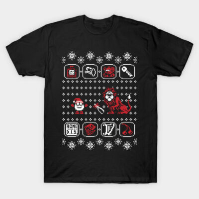 Black retro gaming graphic t-shirt with pixel art design, short sleeve, cotton material, casual wear.