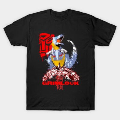 Black T-shirt with vibrant dinosaur graphic, red text, and abstract design. Ideal for casual wear and fans of unique prints.