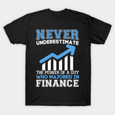 Black t-shirt with graphic text design in blue and white, suitable for finance majors, casual wear, cotton material.