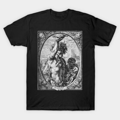 Black graphic t-shirt featuring vintage-style intricate artwork, perfect for casual wear or gifting.