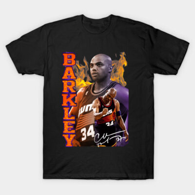 Black basketball-themed graphic t-shirt with vibrant flame design, featuring bold text and action imagery.