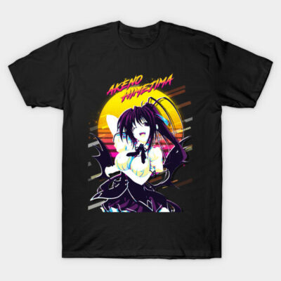 Black anime graphic t-shirt featuring colorful sunset background design, perfect for casual wear.