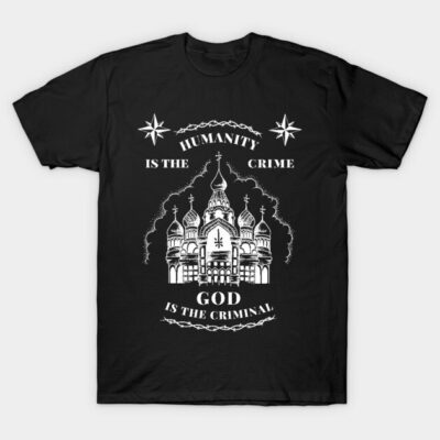Black t-shirt with white gothic cathedral graphic and bold text, casual style, 100% cotton, unisex.
