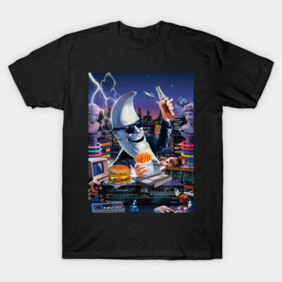 Black T-shirt with vibrant retro-style graphic, featuring moon character with fast food and neon cityscape background.