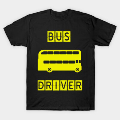 Black t-shirt with yellow "Bus Driver" design and bus graphic, casual style, cotton fabric, unisex.