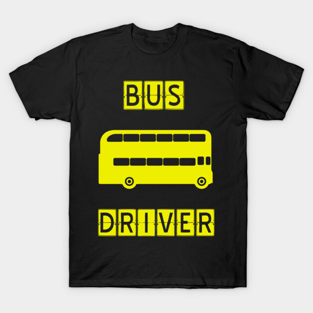 Black t-shirt with yellow "Bus Driver" design and bus graphic, casual style, cotton fabric, unisex.