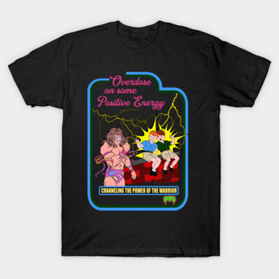 Black graphic t-shirt featuring colorful cartoon design with text "Overdose on some Positive Energy."