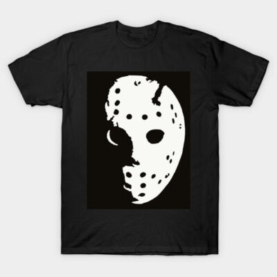 Black t-shirt with white hockey mask graphic, casual wear, 100% cotton, unisex, perfect for fans of classic horror themes.