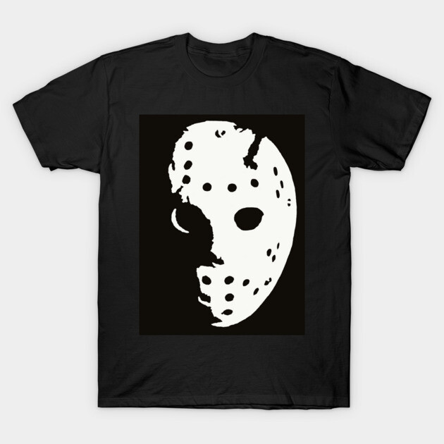 Black t-shirt with white hockey mask graphic, casual wear, 100% cotton, unisex, perfect for fans of classic horror themes.