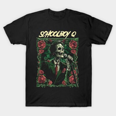 Black graphic t-shirt featuring skeleton with microphone, roses, and text design. Casual wear, cotton material.