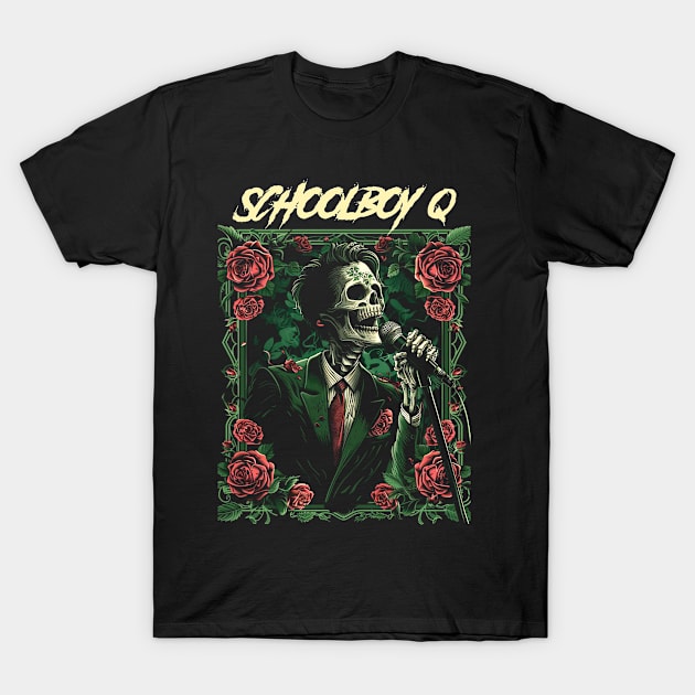 Black graphic t-shirt featuring skeleton with microphone, roses, and text design. Casual wear, cotton material.