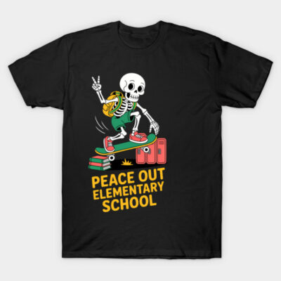 Black t-shirt with skeleton skateboarding design, "Peace Out Elementary School" text, casual wear.