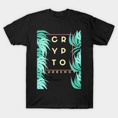 Black T-shirt with "Crypto" text, tropical leaf design, casual wear, cotton fabric, modern style, perfect for daily use.