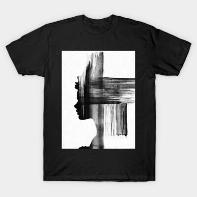 Black t-shirt with abstract art print, silhouette design, modern style, casual wear, cotton material.