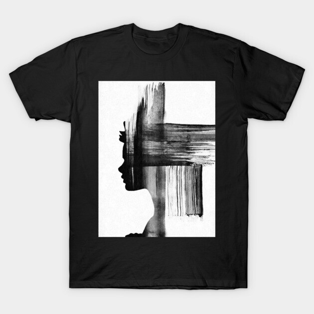 Black t-shirt with abstract art print, silhouette design, modern style, casual wear, cotton material.