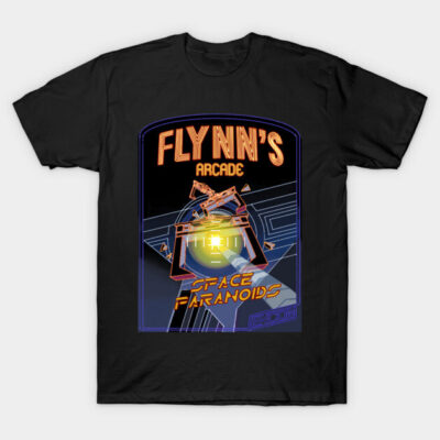 Black retro arcade graphic t-shirt featuring colorful neon design, perfect for casual wear and gaming enthusiasts.