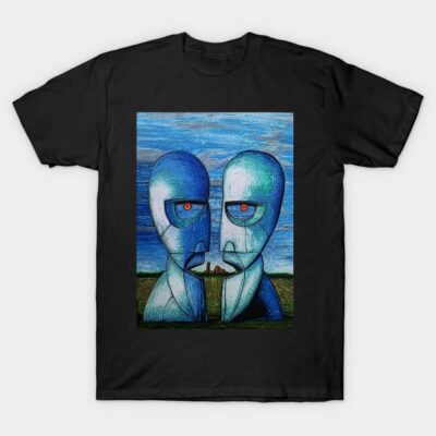 Black t-shirt featuring abstract blue and red geometric faces design, cotton material, casual wear.
