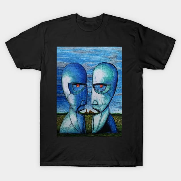 Black t-shirt featuring abstract blue and red geometric faces design, cotton material, casual wear.