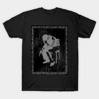 Black graphic t-shirt with artistic monochrome design, casual style, perfect for everyday wear, cotton material.