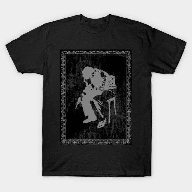 Black graphic t-shirt with artistic monochrome design, casual style, perfect for everyday wear, cotton material.