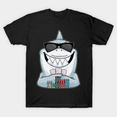 Black t-shirt with cartoon shark wearing sunglasses, holding poker chips and cards. Fun and casual style, cotton material.