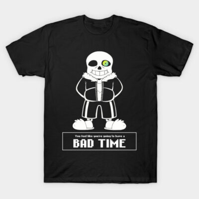 Black graphic T-shirt featuring a skeleton character design with text "Bad Time," casual style, cotton material.