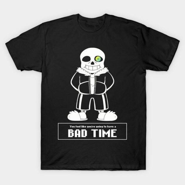Black graphic T-shirt featuring a skeleton character design with text "Bad Time," casual style, cotton material.