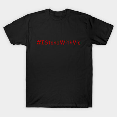 Black cotton t-shirt with red '#IStandWithVic' text, casual style, ideal for everyday wear.