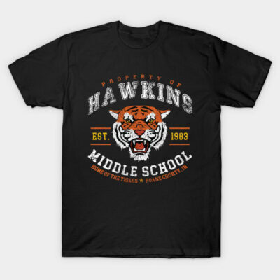 Black Hawkins Middle School T-shirt featuring vintage tiger graphic, ideal for casual wear, cotton material.