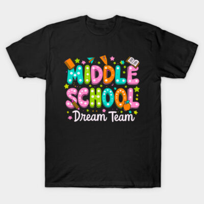 Black "Middle School Dream Team" graphic tee with colorful text and icons, perfect for casual wear and school events.