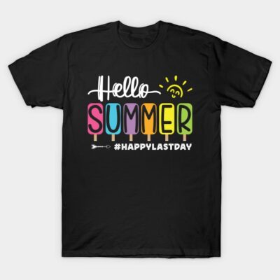 Black t-shirt with "Hello Summer" colorful popsicle print, casual summer wear, cotton material, hashtag design.