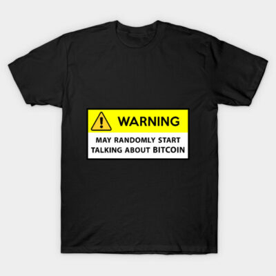 Black t-shirt with yellow warning sign text about Bitcoin, casual style, cotton material, unisex design.