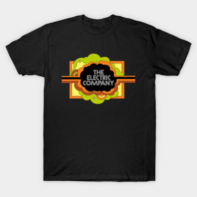 Black graphic t-shirt with retro "The Electric Company" design in green, orange, and yellow, perfect for casual wear.
