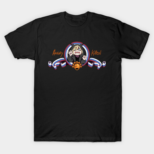 Black "Angry Kitten" graphic t-shirt, featuring a colorful cartoon design, casual wear, cotton fabric.