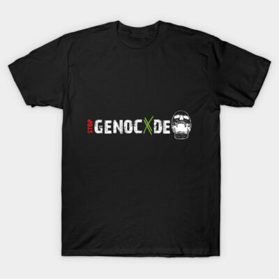 Black cotton T-shirt with bold "Stop Genocide" graphic print, casual style, ideal for statement wear.