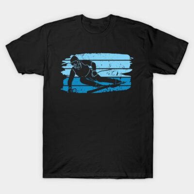 Black t-shirt with blue skier graphic design, casual style, cotton material, perfect for winter sports enthusiasts.