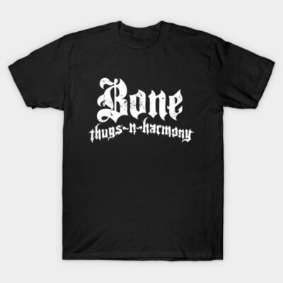 Black graphic T-shirt with white gothic text, casual cotton wear, perfect for music fans and everyday style.