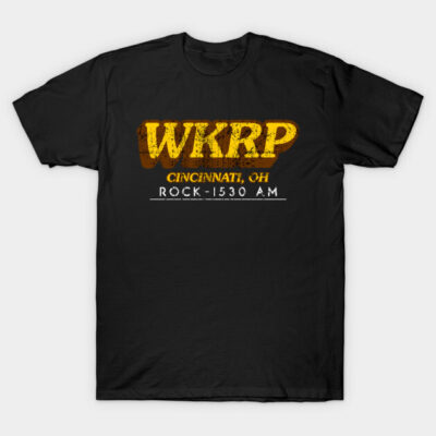 Black WKRP Cincinnati vintage-style t-shirt, cotton, rock radio graphic print. Perfect for casual wear.