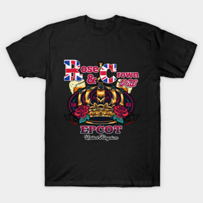 Black graphic t-shirt with "Rose & Crown Pub" text and crown design, ideal for casual wear. Durable cotton material.