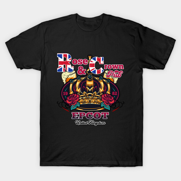 Black graphic t-shirt with "Rose & Crown Pub" text and crown design, ideal for casual wear. Durable cotton material.