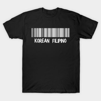 Black cotton t-shirt with white barcode and "Korean Filipino" text, casual style, unisex design.