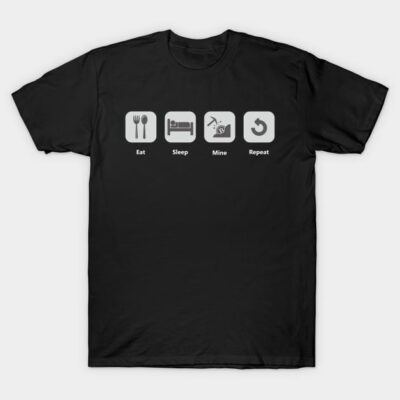Black graphic t-shirt with "Eat Sleep Mine Repeat" icons, casual style, cotton material, unisex design.