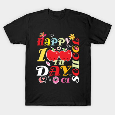 Black T-shirt with colorful "Happy 100th Day of School" graphic, featuring apples and playful typography.