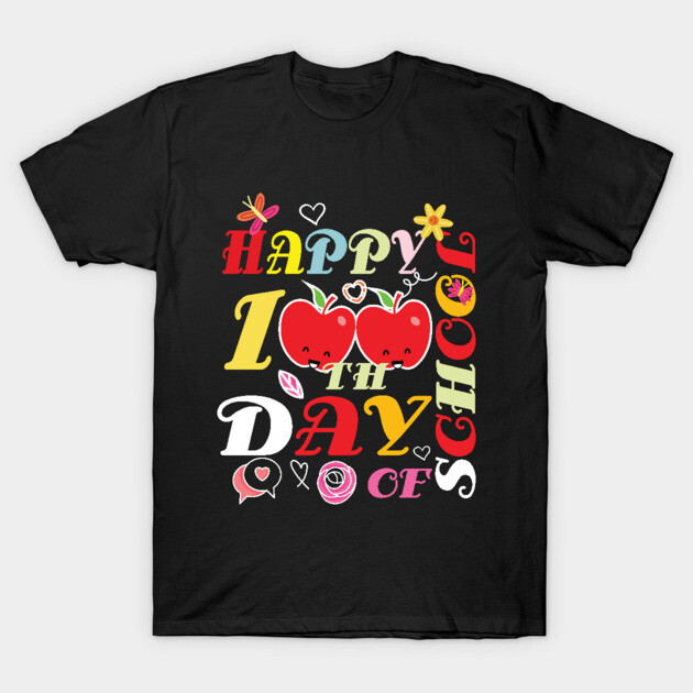 Black T-shirt with colorful "Happy 100th Day of School" graphic, featuring apples and playful typography.