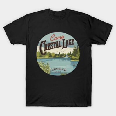 Black Camp Crystal Lake graphic T-shirt with retro outdoor design, perfect for casual wear or camping enthusiasts.